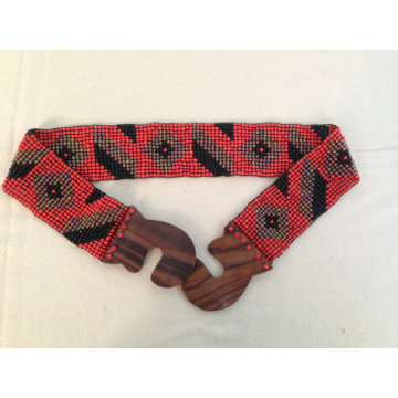 New Handmade Red Multi Color Ethnic Hippie Chic Tribal Aztec Chevron Stretch Glass Beads Belt With Wood Buckle